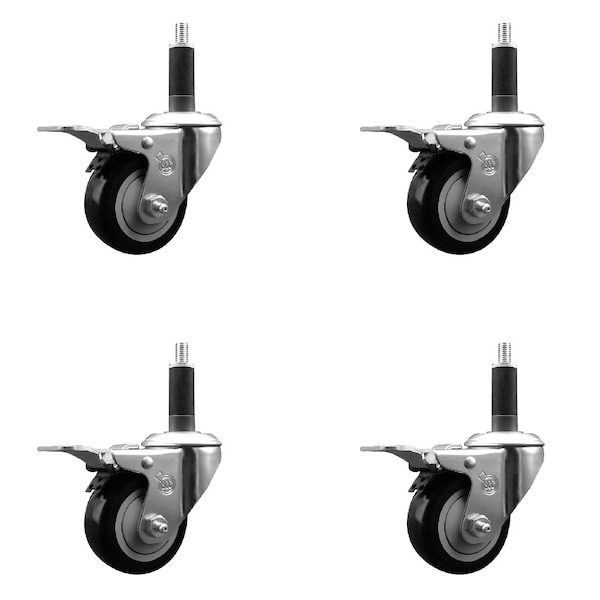 3'' Black Poly Swivel 1'' Expanding Stem Caster Set Total Lock Brake, 4PK